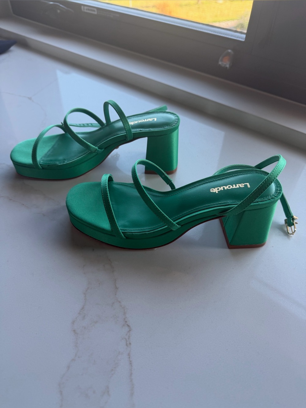 Larroude Emerald Green Strappy Block Heel Sandals